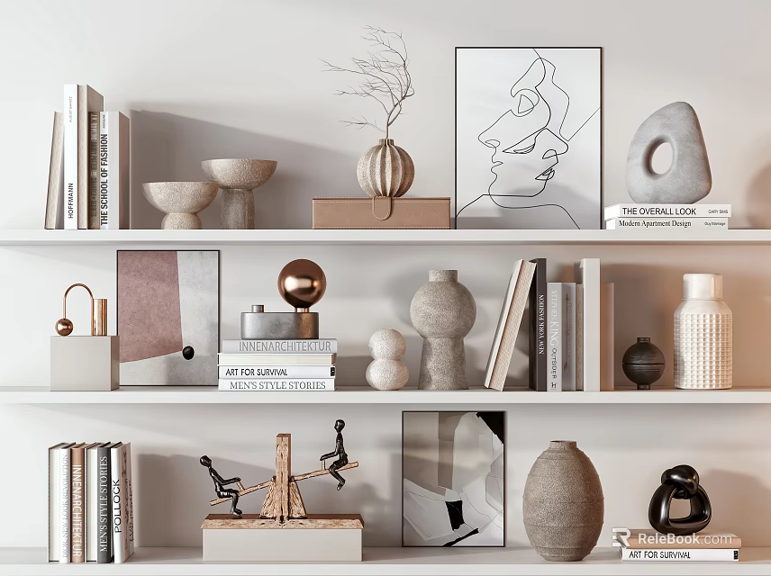 Modern Decorative Ornaments Set With Vases Sculptures Books And Artwork On Shelves 3d model 
