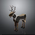Standing Reindeer With Light Brown And White Coat And Antlers On Gray Background