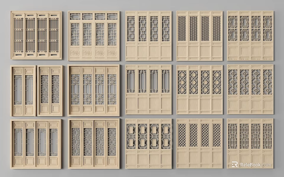 Various Wooden Double Doors With Intricate Patterns And Grille Designs 3d model