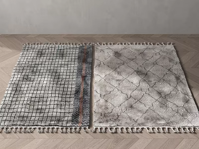 Modern Square Rugs with Grid and Diamond Patterns and Fringed Edges on Wooden Floor 3d model