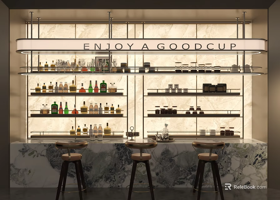 Modern Wine Cabinet with Multiple Shelves Holding Wine Bottles and Marble Countertop Bar Stools 3d model 
