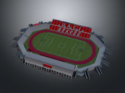 Football Stadium Featuring Red Stands Green Grass Pitch And Red Running Track 3d model