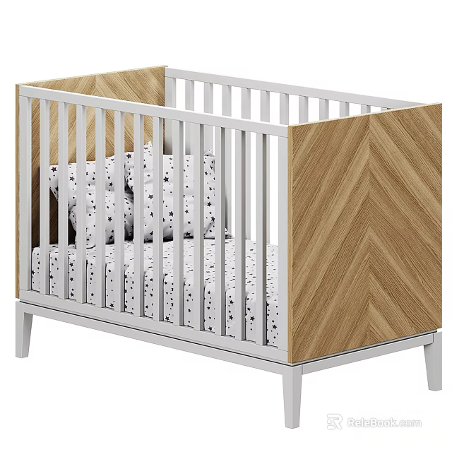 Modern Baby Crib With White Railings Wooden Herringbone Panel And Polka Dot Bedding 3d model 