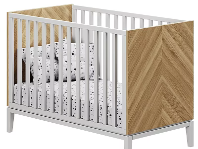 Modern Baby Crib With White Railings Wooden Herringbone Panel And Polka Dot Bedding 3d model
