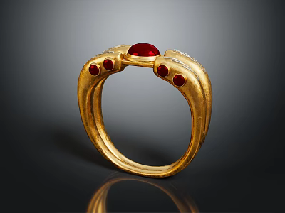 Elegant Gold Ring With Curved Design And Red Gemstone Embellishments For Fashion 3d model