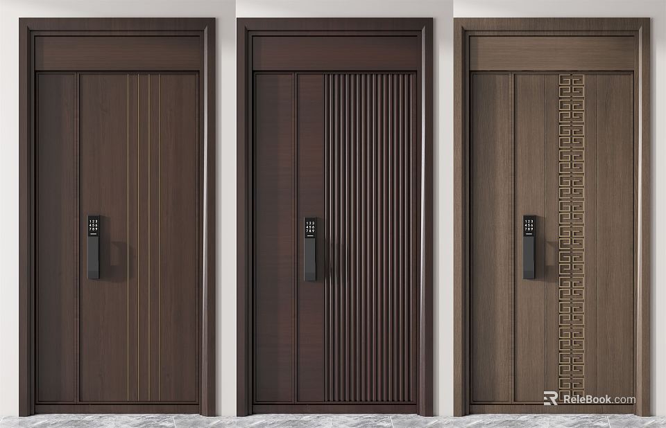 Elegant Dark Brown Wooden Parent Child Doors With Three Distinct Design Patterns 3d model 