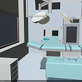 Cartoon Operating Room Scene with Blue Operating Table Surgical Lamp Medical Equipment Window and Cabinets
