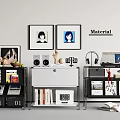 Modern Console Table And Side Cabinet With Black White Storage Books Frames Headphones Decorative Items
