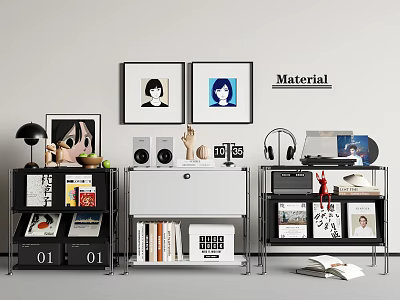 Modern Console Table And Side Cabinet With Black White Storage Books Frames Headphones Decorative Items 3d model