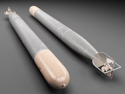 Military Bombs With Cylindrical Gray And Beige Bodies Metallic Surface And Tail Fins 3d model