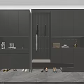 Modern Gray Shoe Cabinet with Bench Clothing Hooks Photo Frame Plant and Shoes