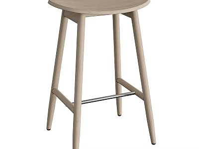 Modern Light Wood Bar Stool With Round Seat Slim Legs And Metal Crossbar 3d model