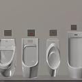 Four Modern White Urinals Mounted on Beige Wall With Grey Flush Panels