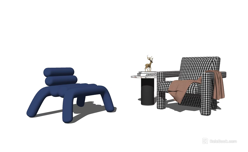 Casual Sofa Set With Blue Modular Design And Black White Checkered Armchair Brown Blanket 3d model 