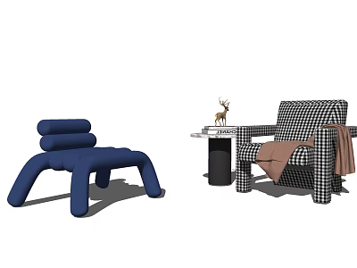 Casual Sofa Set With Blue Modular Design And Black White Checkered Armchair Brown Blanket 3d model