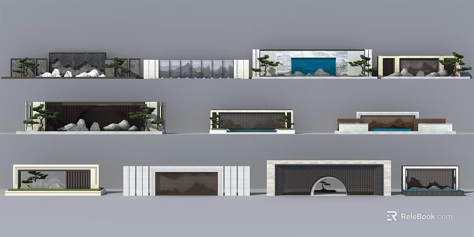 Contemporary Feature Wall Design With Water Elements Stone Accents And Potted Plants 3d model 