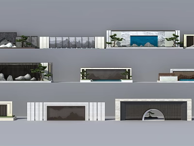 Contemporary Feature Wall Design With Water Elements Stone Accents And Potted Plants 3d model