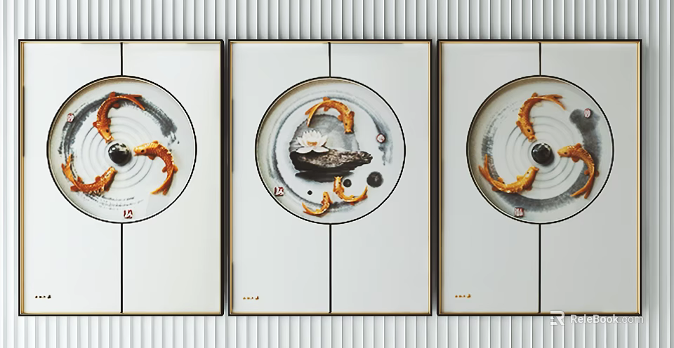 Three Panel Decorative Wall Art With Circular Design Black Orange Elements White Background Gold Frame 3d model