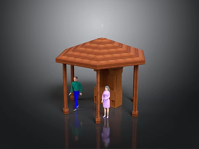 Wooden Pavilion With Hexagonal Roof And Columns Two People Standing Under 3d model