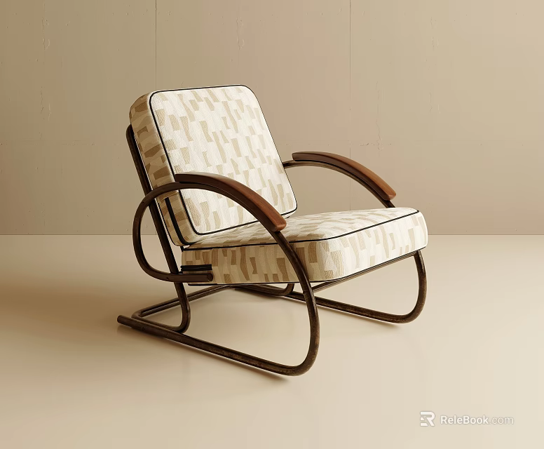 Stylish Single Sofa With Beige Geometric Pattern Cushion Wooden Armrests And Curved Metal Frame 3d model 