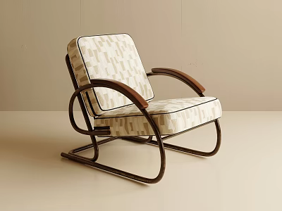 Stylish Single Sofa With Beige Geometric Pattern Cushion Wooden Armrests And Curved Metal Frame 3d model