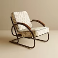 Stylish Single Sofa With Beige Geometric Pattern Cushion Wooden Armrests And Curved Metal Frame