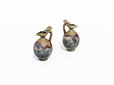 Two Decorative Ceramic Vessels With Bird Shaped Spouts And Blue Brown Patterns 3d model