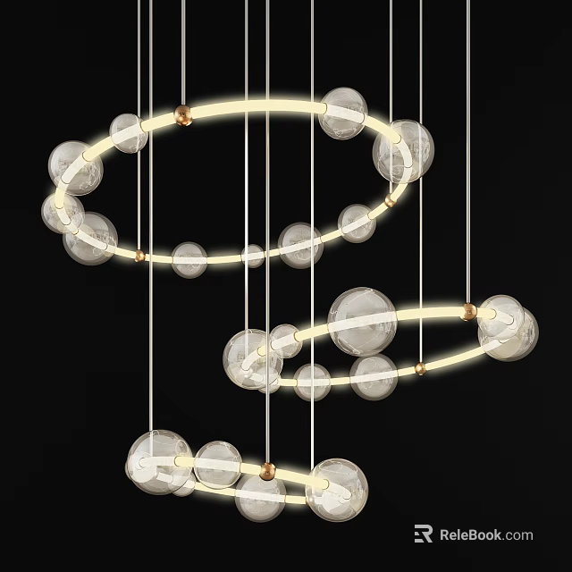 Inflatable Modern Chandelier With Transparent Spheres And Illuminated Hanging Rings 3d model 