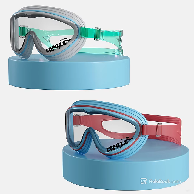 Colorful Swim Goggles With Clear Lenses And Blue Red Straps On Display Stands 3d model 