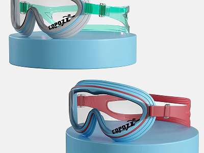 Colorful Swim Goggles With Clear Lenses And Blue Red Straps On Display Stands 3d model