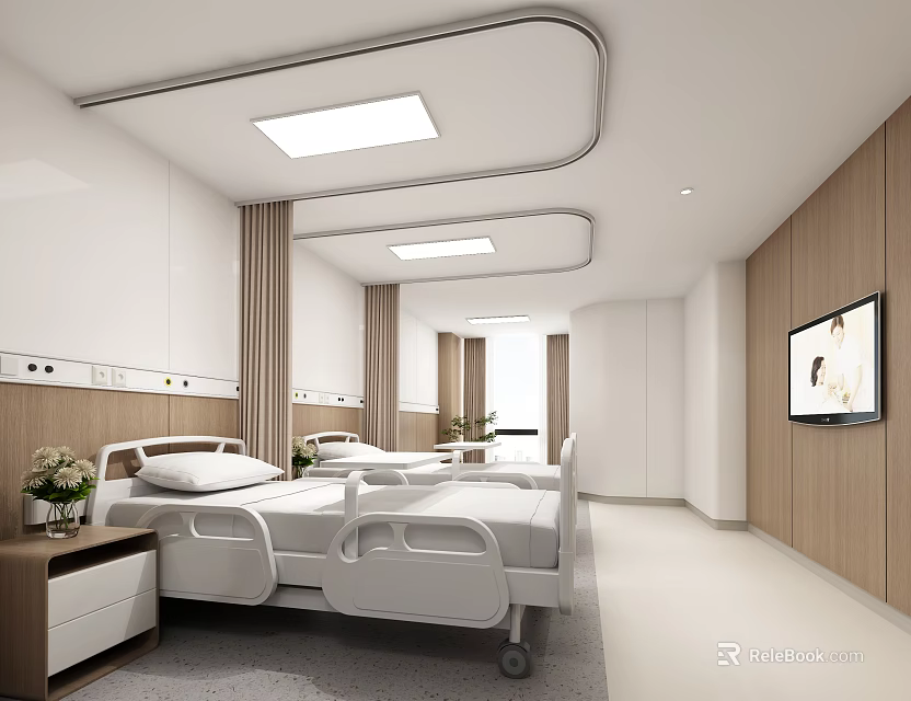 Hospital Ward Interior Design With White Wooden Decor Medical Beds TV And Equipment 3d model 