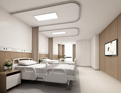 Hospital Ward Interior Design With White Wooden Decor Medical Beds TV And Equipment 3d model