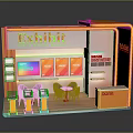 Modern Orange Exhibit Display Booth With Screens Chairs And Reception Desk