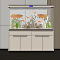 Modern Aquarium With Yellow Fish Green Aquatic Plants Decorations On Cabinet With Drawers And Doors