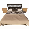 Double Bed with Black Rattan Headboard Beige Blanket and Patterned White Pillows 3d model