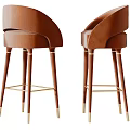 Elegant Brown Velvet Bar Stools With Curved Backrest Wooden Legs And Golden Accents