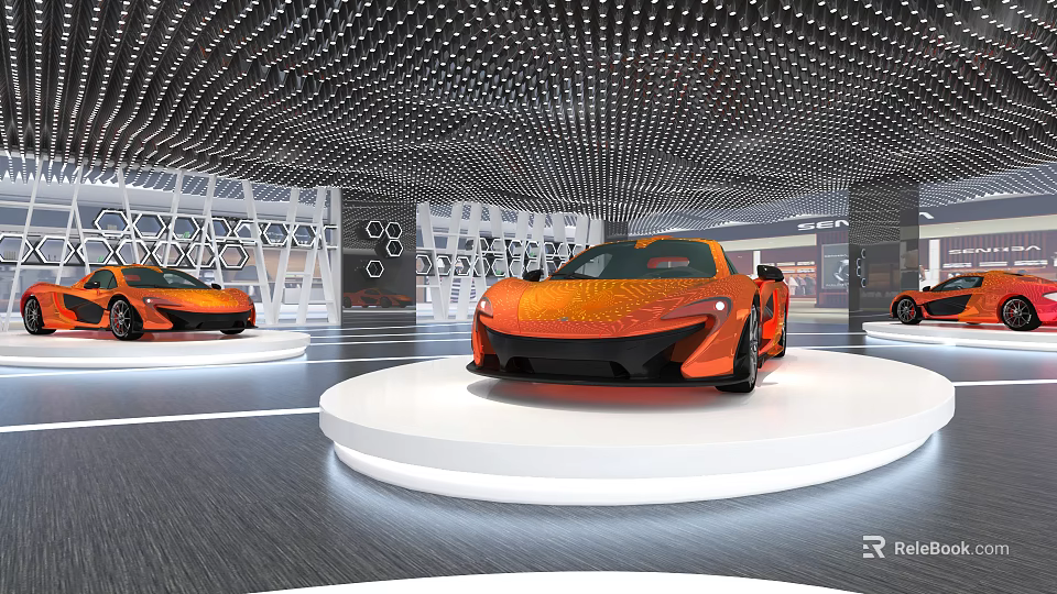 Modern Car Showroom With Orange Sports Cars White Platforms And Perforated Ceiling 3d model 