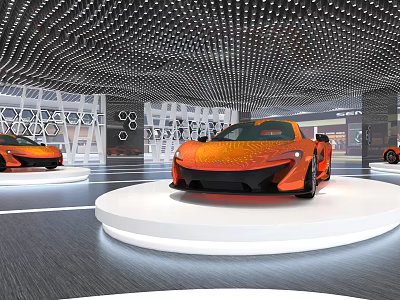 Modern Car Showroom With Orange Sports Cars White Platforms And Perforated Ceiling 3d model