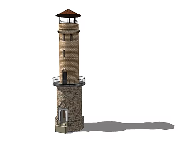 Brick Stone Tower With Red Roof Windows Balcony And Arched Door 3d model