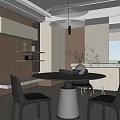 Modern Restaurant Interior With Black Dining Table Chairs Round Pendant Light And Bar Counter