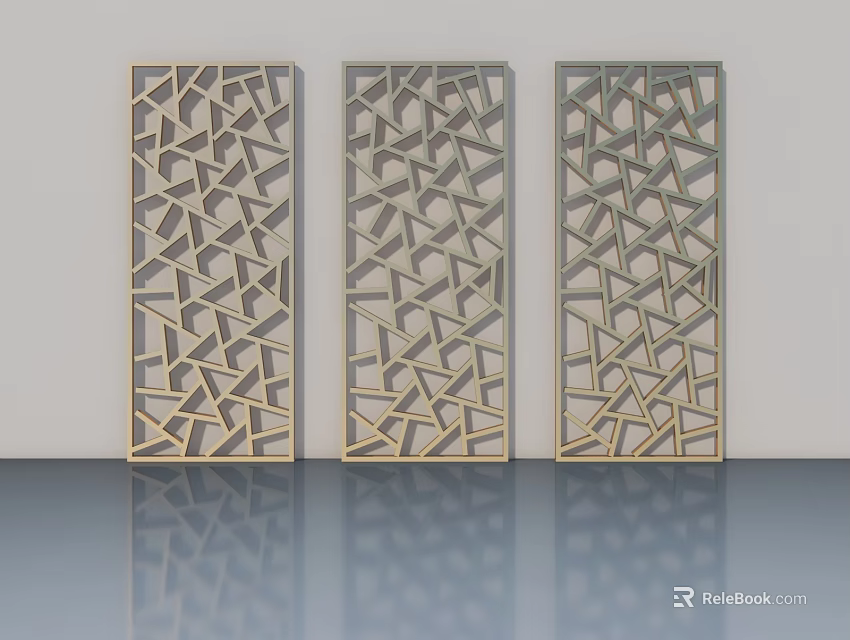 Modern Hinged Doors With Three Geometric Cutout Patterns And Golden Frames 3d model 