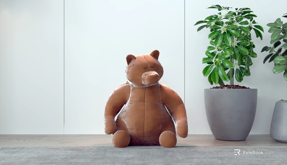 Brown Teddy Bear Plush Toy In Modern Room With Potted Plant 3d model 