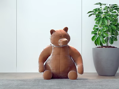 Brown Teddy Bear Plush Toy In Modern Room With Potted Plant 3d model