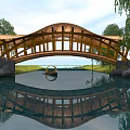 Scenic Wooden Bridge Structure Surrounded by Trees Pond and Green Grass