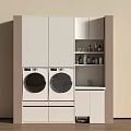 Modern White Laundry Room With Built in Washing Machines Wooden Frame And Storage Cabinets
