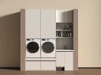 Modern White Laundry Room With Built in Washing Machines Wooden Frame And Storage Cabinets 3d model