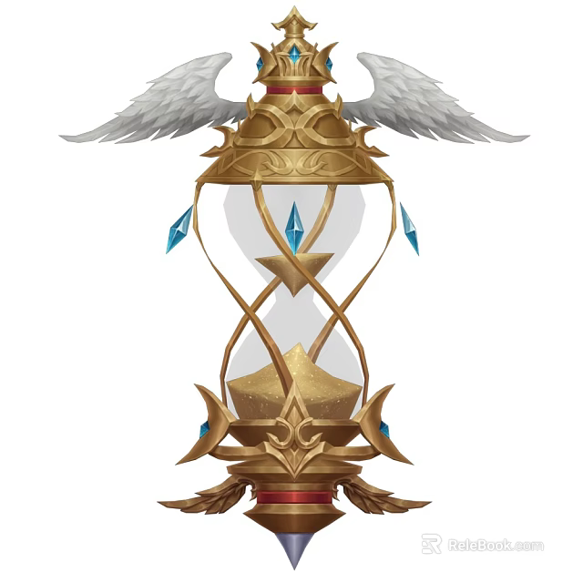 Golden Hourglass Shaped Weapon With White Wings And Blue Gem Decorations 3d model 