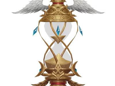 Golden Hourglass Shaped Weapon With White Wings And Blue Gem Decorations 3d model