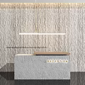 Gray Stone Reception Desk With Wooden Top Striped Wall And Hanging Pendant Light