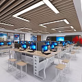 Modern Public Office Space With Multiple Workstations Computers Ergonomic Chairs And Ceiling Lights 3d model